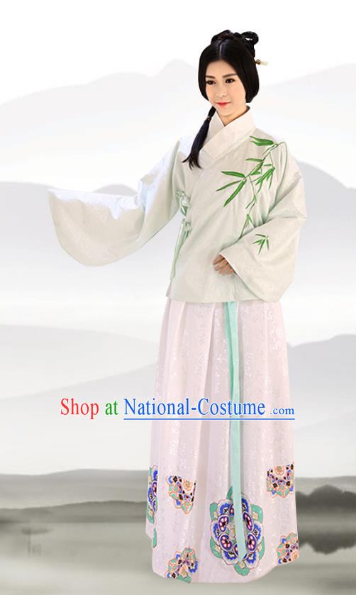 Traditional Chinese Ming Dynasty Imperial Consort Costumes Ancient Embroidered Bamboo Green Blouse and Pink Slip Skirts for Women