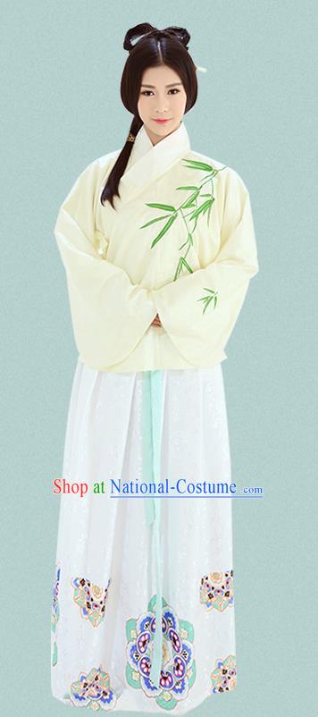 Traditional Chinese Ming Dynasty Imperial Consort Costumes Ancient Embroidered Bamboo Yellow Blouse and White Slip Skirts for Women