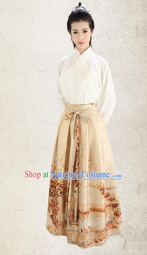 Traditional China Costume Embroidery White Blouse and Yellow Skirt Complete Set, Chinese Han Dynasty Princess Clothing for Women