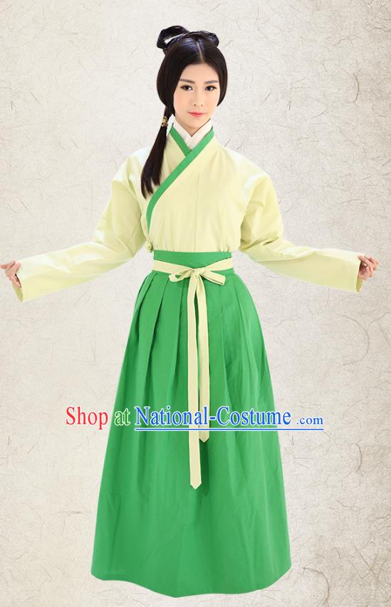 Traditional China Costume Hanfu Yellow Blouse and Green Skirt Complete Set, Chinese Han Dynasty Princess Clothing for Women