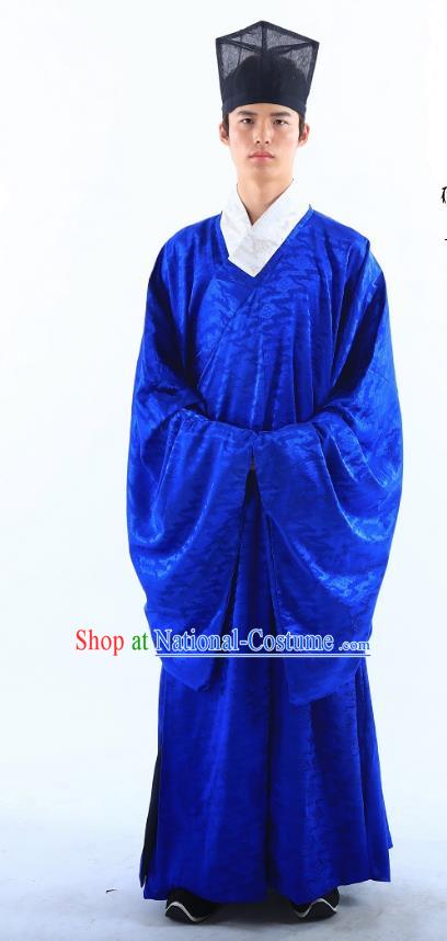 Traditional Asian China Ming Dynasty Costume Chinese Ancient Hanfu Officer Royalblue Long Robe for Men