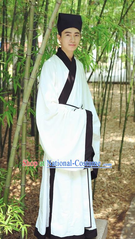 Traditional Asian China Ming Dynasty Costume Chinese Ancient Hanfu Officer Scholar White Long Robe for Men