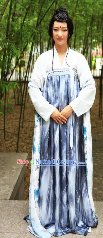 Traditional Chinese Hanfu Costumes Ancient Tang Dynasty Young Lady Blouse and Printing Slip Skirts Complete Set