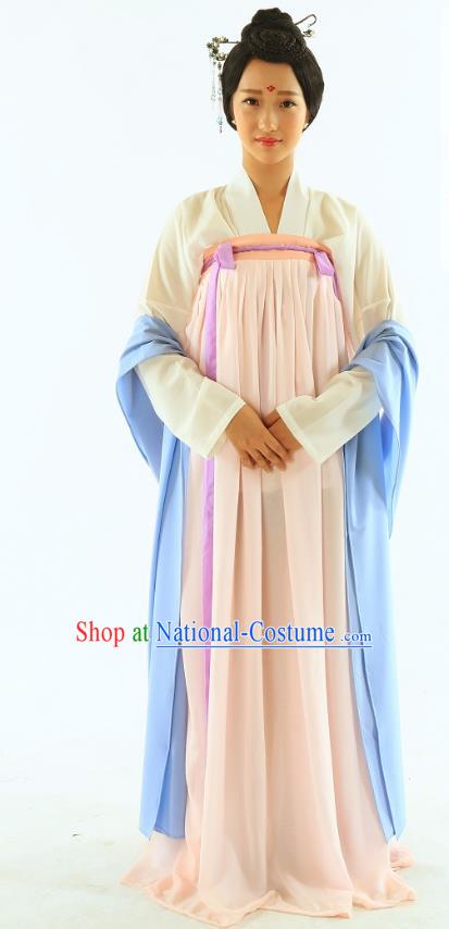 Traditional Chinese Hanfu Costumes Ancient Tang Dynasty Imperial Consort Blouse and Pink Slip Skirts Complete Set for Women