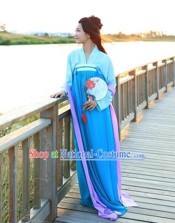 Traditional Chinese Hanfu Costumes Ancient Tang Dynasty Imperial Consort Blouse and Blue Slip Skirts Complete Set for Women