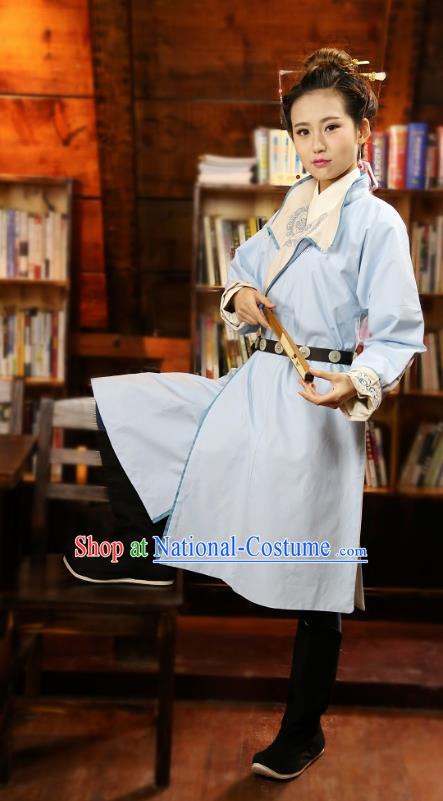 Traditional Chinese Hanfu Costumes Ancient Ming Dynasty Imperial Guards Blue Robe for Women