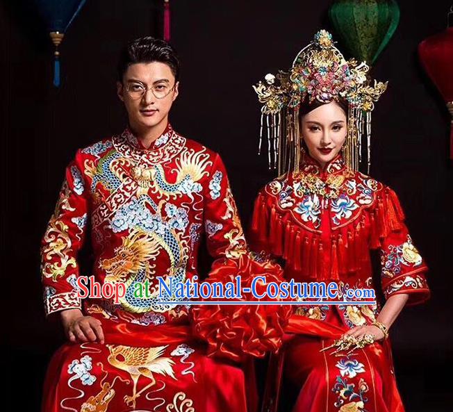 Traditional Chinese Wedding Costume Xiuhe Suits Chinese Style Embroidered Dragon and Phoenix Toast Cheongsam for Women for Men