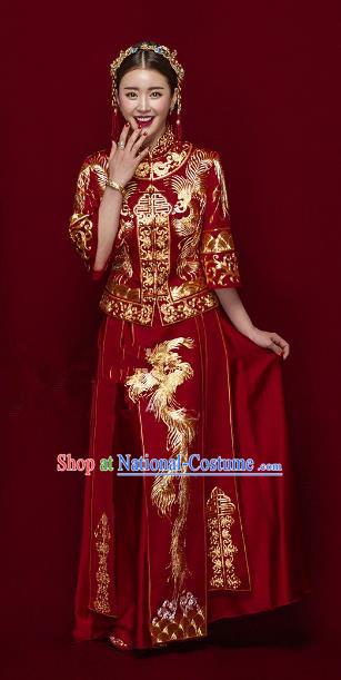 Traditional Ancient Chinese Costume Xiuhe Suits Chinese Style Wedding Red Embroidery Dragon and Phoenix Bride Clothing for Women