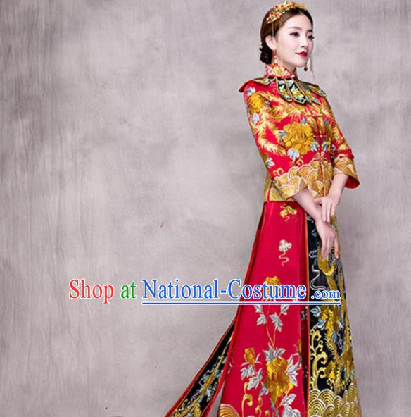 Traditional Ancient Chinese Costume Trailing Xiuhe Suits Chinese Style Wedding Embroidery Dragon and Phoenix Bride Cheongsam Clothing for Women