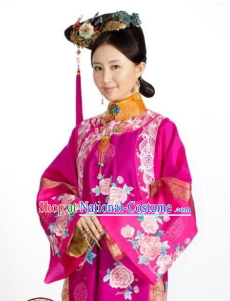 Traditional Ancient Chinese Imperial Consort Costume and Headpiece Complete Set, Chinese Qing Dynasty Manchu Lady Embroidered Clothing for Women