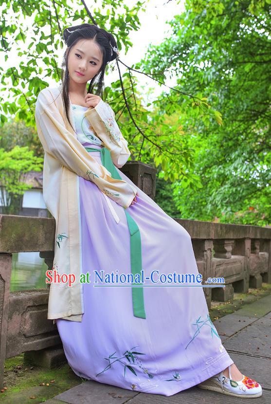 Traditional Ancient China Costume Young Lady Embroidery Yellow BeiZi and Skirt Complete Set, Chinese Hanfu Song Dynasty Princess Embroidered Clothing for Women