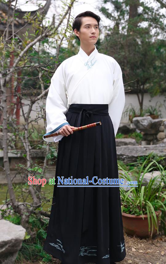 Traditional Chinese Hanfu Costumes Ancient Han Dynasty Young Men Embroidery Slant Opening Shirts and Black Skirts Complete Set