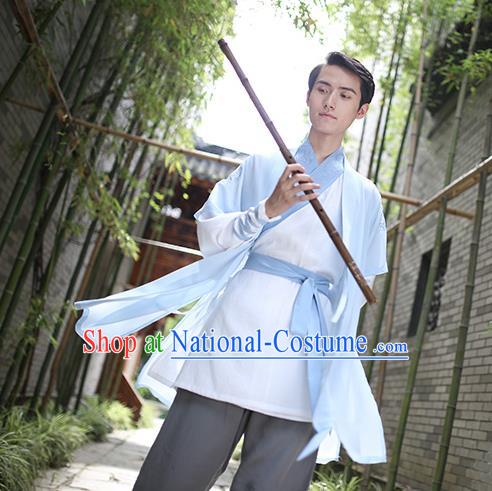 Traditional Chinese Hanfu Costumes Ancient Han Dynasty Swordsman Embroidery Blue Clothing Complete Set