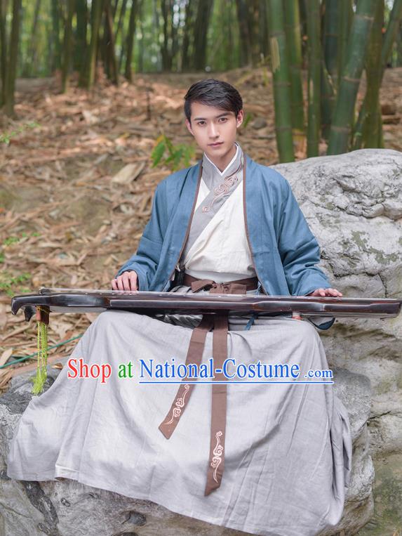 Traditional Chinese Hanfu Costumes Ancient Han Dynasty Swordsman Embroidery Clothing Blue Half-arm Shawl and Robe Complete Set