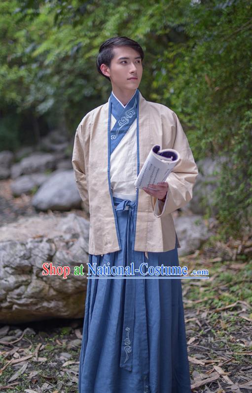 Traditional Chinese Hanfu Costumes Ancient Han Dynasty Swordsman Embroidery Clothing Beige Half-arm Shawl and Robe Complete Set