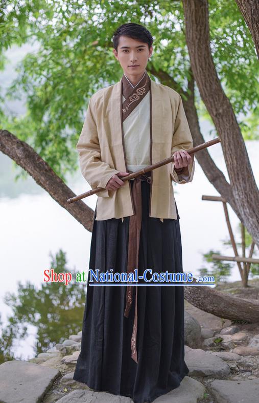 Traditional Chinese Hanfu Costumes Ancient Han Dynasty Swordsman Embroidery Clothing Yellow Half-arm Shawl and Robe Complete Set