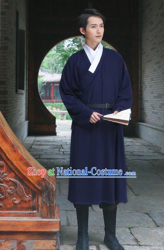 Traditional Chinese Ancient Costumes Asian China Ming Dynasty Swordsmen Embroidery Clothing Navy Long Robe for Men