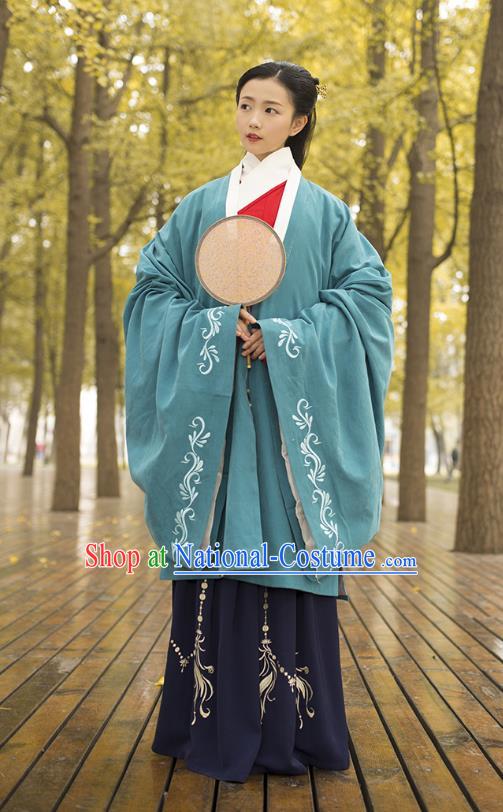 Traditional Chinese Ancient Costumes, Asian China Ming Dynasty Palace Lady Princess Clothing Embroidery Green Wide Sleeve Cardigan