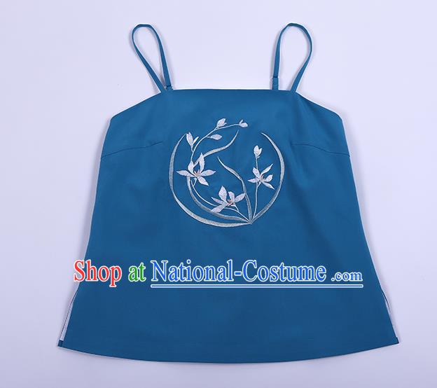 Traditional Chinese Ancient Hanfu Costumes, Asian China Song Dynasty Embroidery Suspenders Vest Blue Bellyband for Women