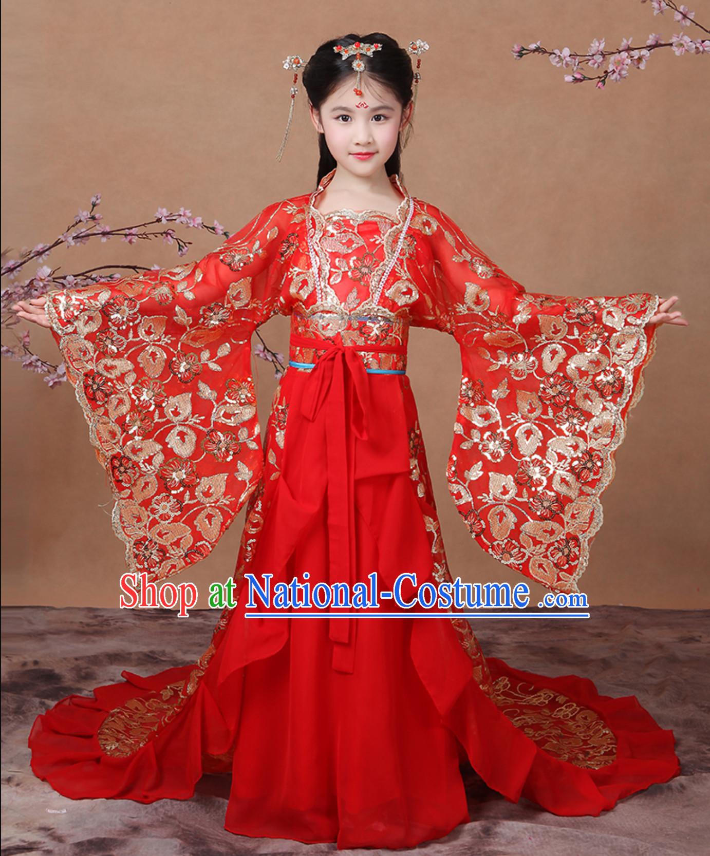 Ancient Chinese Palace Royal Princess Costume Empress Costumes and Hair Accessories Complete Set for Girls