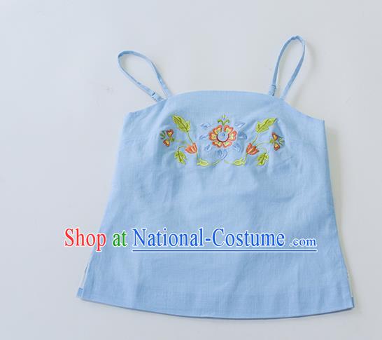 Traditional Chinese Ancient Hanfu Costumes, Asian China Song Dynasty Embroidery Sun-top Vest Blue Bellyband for Women