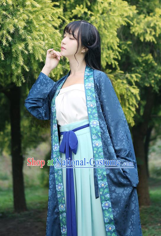 Ancient Chinese Palace Princess Hanfu Costume, Traditional China Song Dynasty Young Lady Embroidery Blue BeiZi Boob Tube Top and Skirt Complete Set