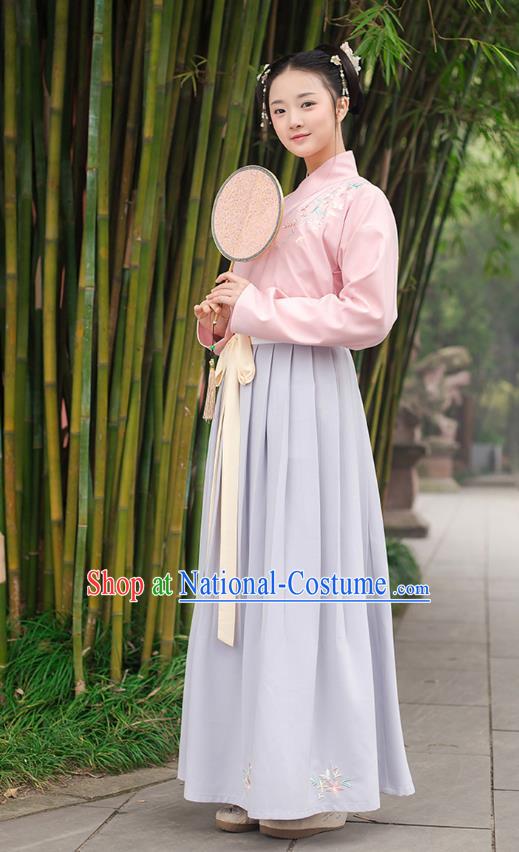 Ancient Chinese Palace Princess Hanfu Costume, Traditional China Ming Dynasty Young Lady Pink Embroidery Blouse and Blue Skirt Complete Set