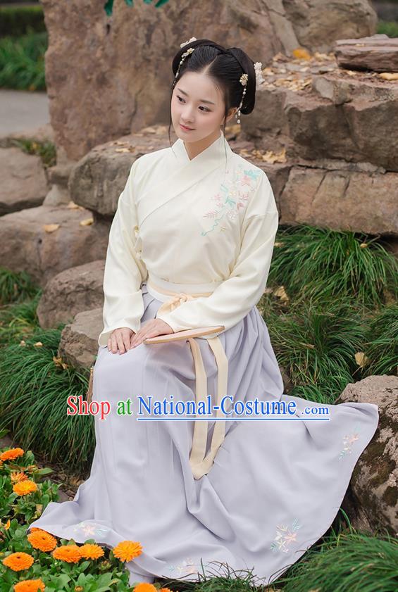 Ancient Chinese Palace Princess Hanfu Costume, Traditional China Ming Dynasty Young Lady Yellow Embroidery Blouse and Blue Skirt Complete Set