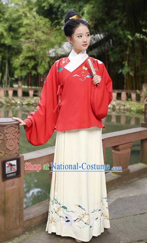 Ancient Chinese Palace Princess Hanfu Costume, Traditional China Ming Dynasty Palace Lady Red Embroidery Crane Blouse and Yellow Skirt Complete Set