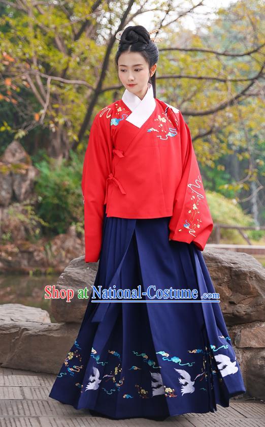 Ancient Chinese Palace Princess Hanfu Costume, Traditional China Ming Dynasty Palace Lady Red Embroidery Crane Blouse and Navy Skirt Complete Set