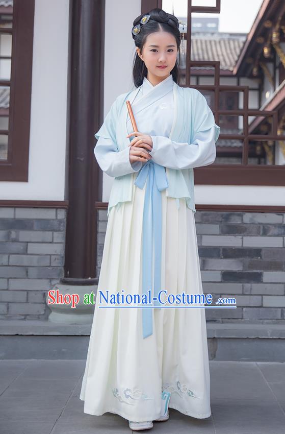 Ancient Chinese Palace Princess Hanfu Costume, Traditional China Ming Dynasty Young Lady Embroidery Blue Half-arm Shawl Clothing