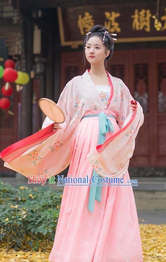 Traditional Chinese Ancient Hanfu Costumes, Asian China Tang Dynasty Palace Lady Princess Clothing Embroidery Blouse and Pink Skirt Complete Set