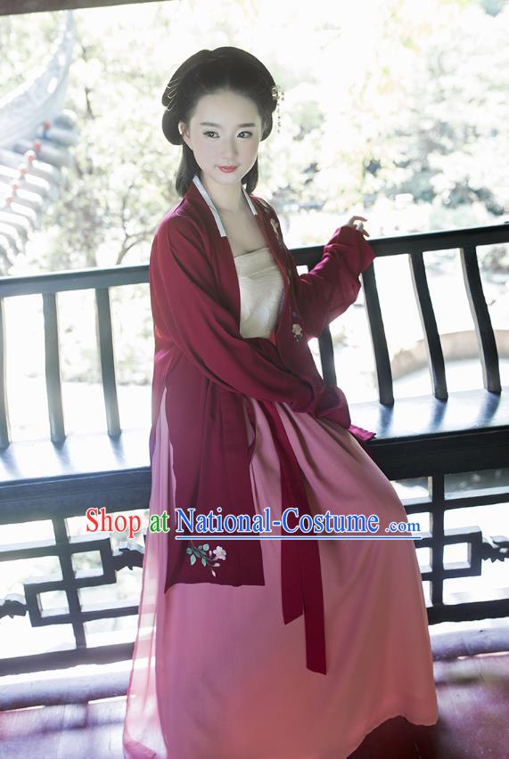 Ancient Chinese Palace Princess Hanfu Costume, Traditional China Song Dynasty Palace Lady Embroidery Red Cardigan Clothing