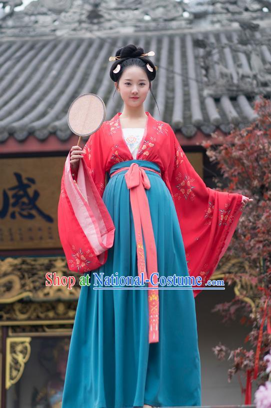 Traditional Chinese Ancient Hanfu Costumes, Asian China Tang Dynasty Palace Lady Princess Clothing Embroidery Red Blouse and Blue Skirt Complete Set