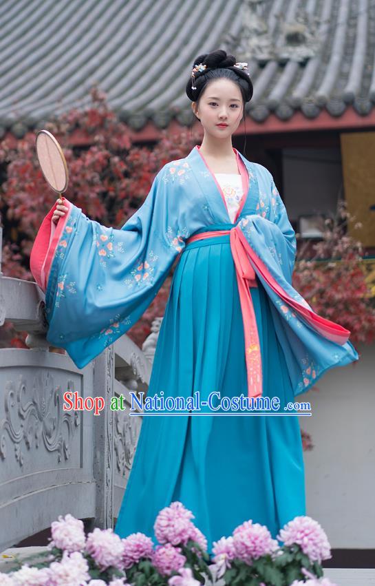 Traditional Chinese Ancient Hanfu Costumes, Asian China Tang Dynasty Palace Lady Princess Clothing Embroidery Blue Blouse and Skirt Complete Set