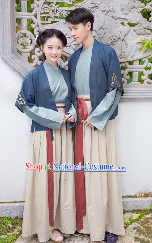 Traditional Chinese Ancient Hanfu Costumes, Asian China Song Dynasty Clothing Embroidery Blue Half-arm Shawl Blouse and Skirt Complete Set for Women for Men