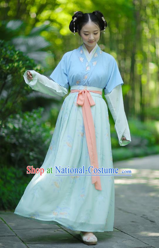 Ancient Chinese Palace Princess Hanfu Costume, Traditional China Song Dynasty Palace Lady Embroidery Clothing Blue Half-Sleeves Blouse and Skirts