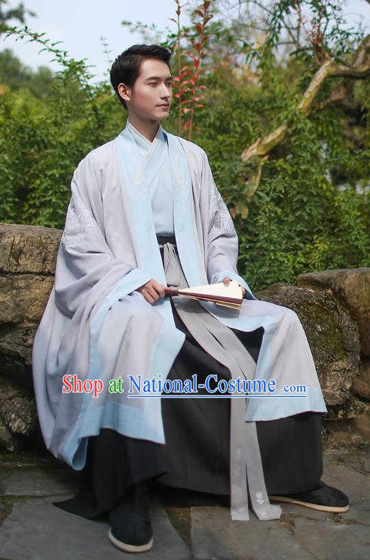 Ancient Chinese Scholar Hanfu Costume, Traditional China Jin Dynasty Embroidery Clothing Grey Long Cloak for Men