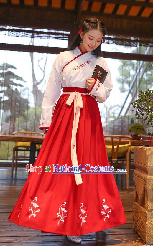 Ancient Chinese Royal Princess Hanfu Costume, Traditional China Han Dynasty Palace Lady Embroidery Blouse and Red Dress for Women