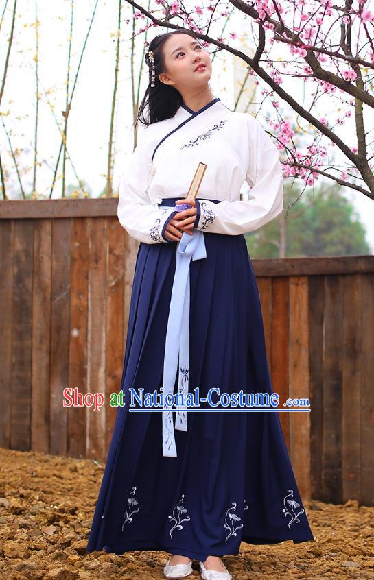 Ancient Chinese Royal Princess Hanfu Costume, Traditional China Han Dynasty Palace Lady Embroidery Blouse and Blue Dress for Women