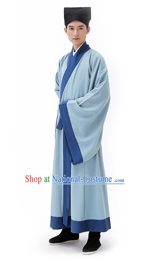 Traditional Chinese Ancient Hanfu Costumes, Asian China Han Dynasty Scholar Blue Long Robe for Men