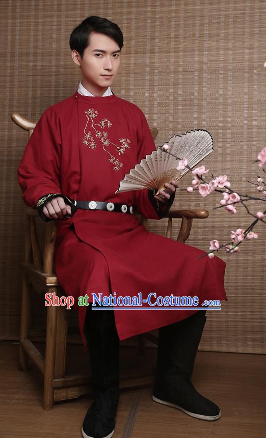 Traditional Chinese Ancient Hanfu Costumes, Asian China Ming Dynasty Imperial Guards Embroidery Red Long Robe for Men