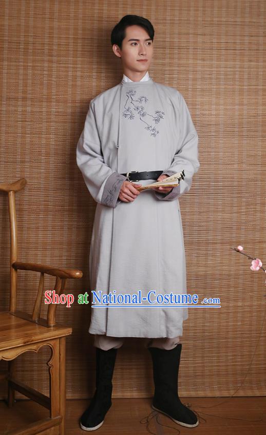 Traditional Chinese Ancient Hanfu Costumes, Asian China Ming Dynasty Imperial Guards Embroidery Grey Long Robe for Men