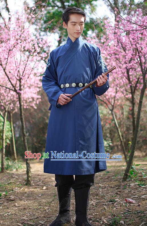 Traditional Chinese Ancient Hanfu Swordsman Costumes, Asian China Ming Dynasty Imperial Guards Embroidery Blue Long Robe for Men