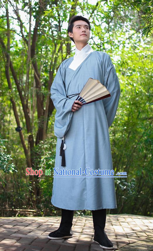 Traditional Chinese Ancient Hanfu Costume, Asian China Han Dynasty Swordsman Blue Long Robe for Men