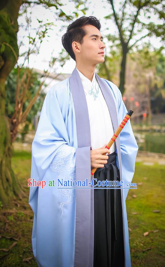 Traditional Chinese Ancient Hanfu Swordsman Costumes, Asian China Jin Dynasty Embroidery Blue Cloak for Men