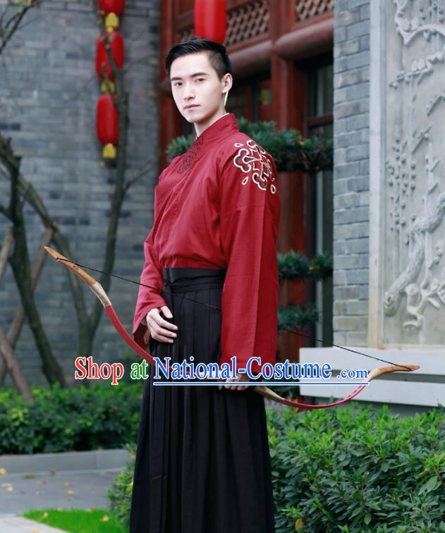 Traditional Chinese Ancient Hanfu Swordsman Costumes, Asian China Han Dynasty Kawaler Embroidery Clothing for Men