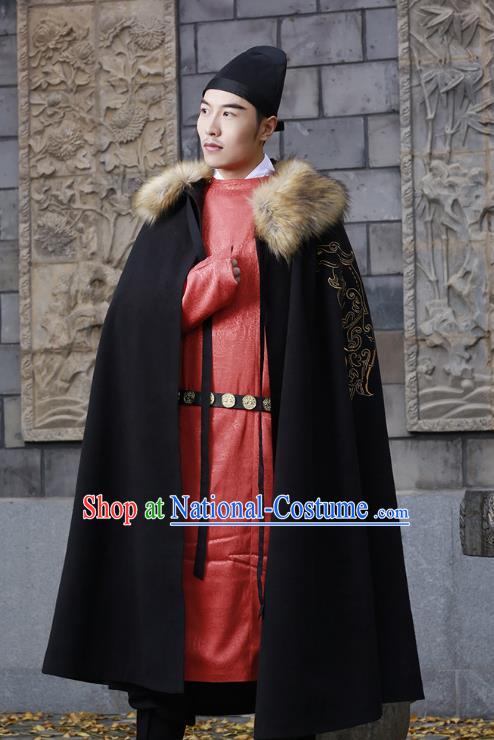 Traditional Chinese Ancient Hanfu Swordsman Cape Costume, Asian China Han Dynasty Embroidery Cloak Black Mantle Clothing for Men