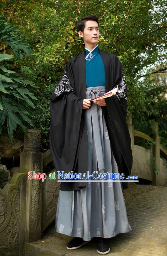 Traditional Chinese Ancient Hanfu Swordsman Cape Costume, Asian China Han Dynasty Embroidery Black Cloak Clothing for Men