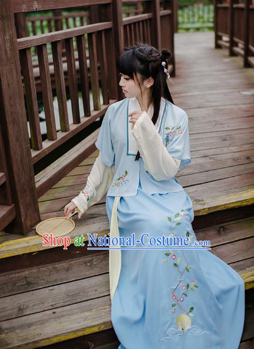 Traditional Chinese Ancient Hanfu Princess Costume, Asian China Song Dynasty Young Lady Embroidery Blue Half-Sleeves and Slip Dress for Women